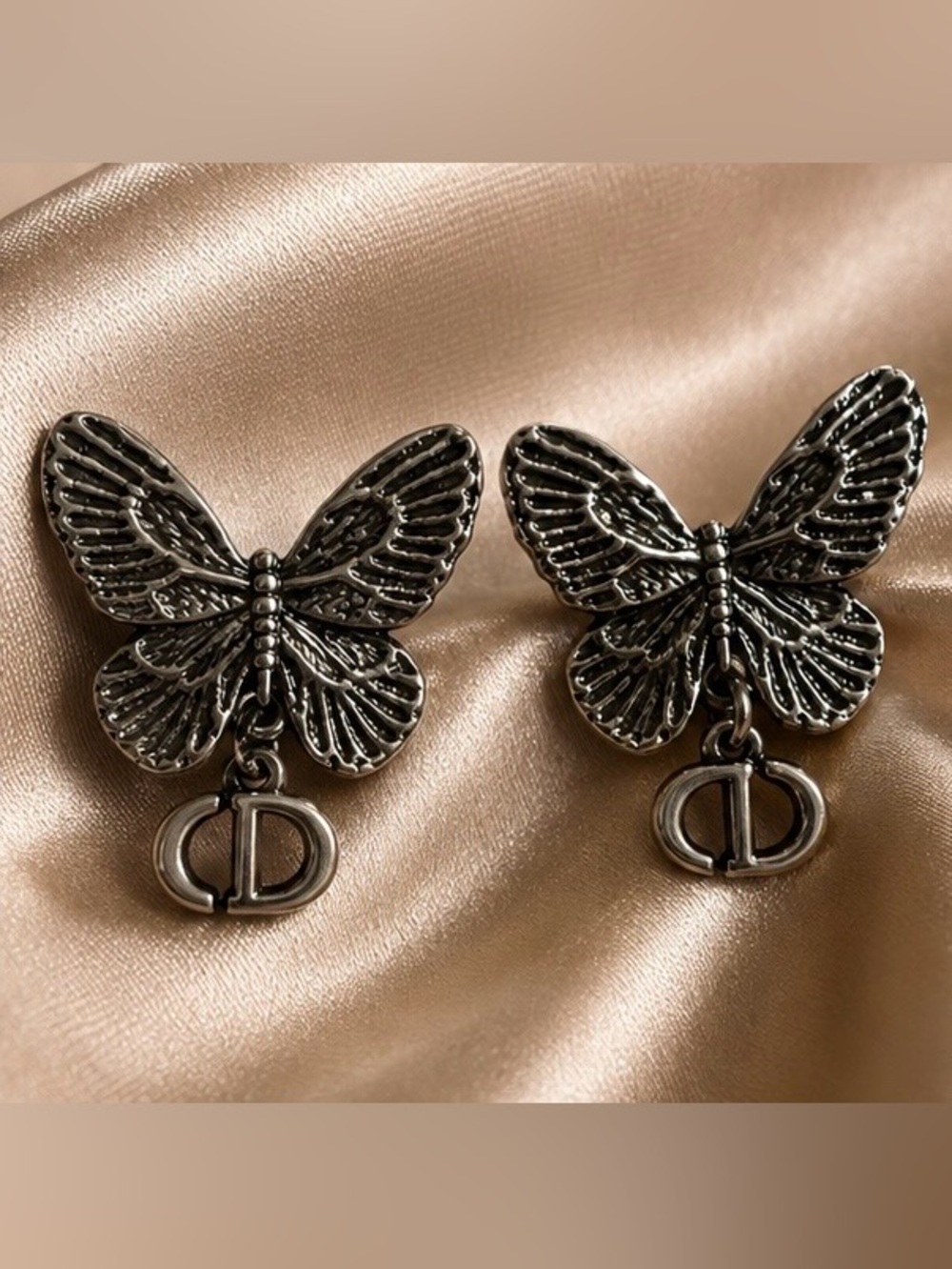 Silver Tone Butterfly Dangle Statement Earrings Vintage Gothic Style